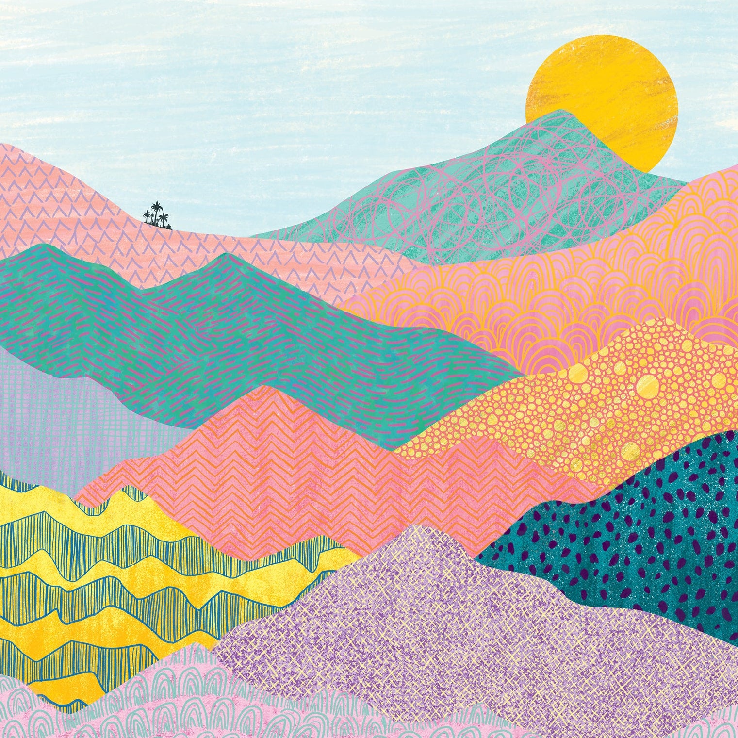 Colorful desert landscape of sand dunes in bright colours and patterns and a sun in the sky