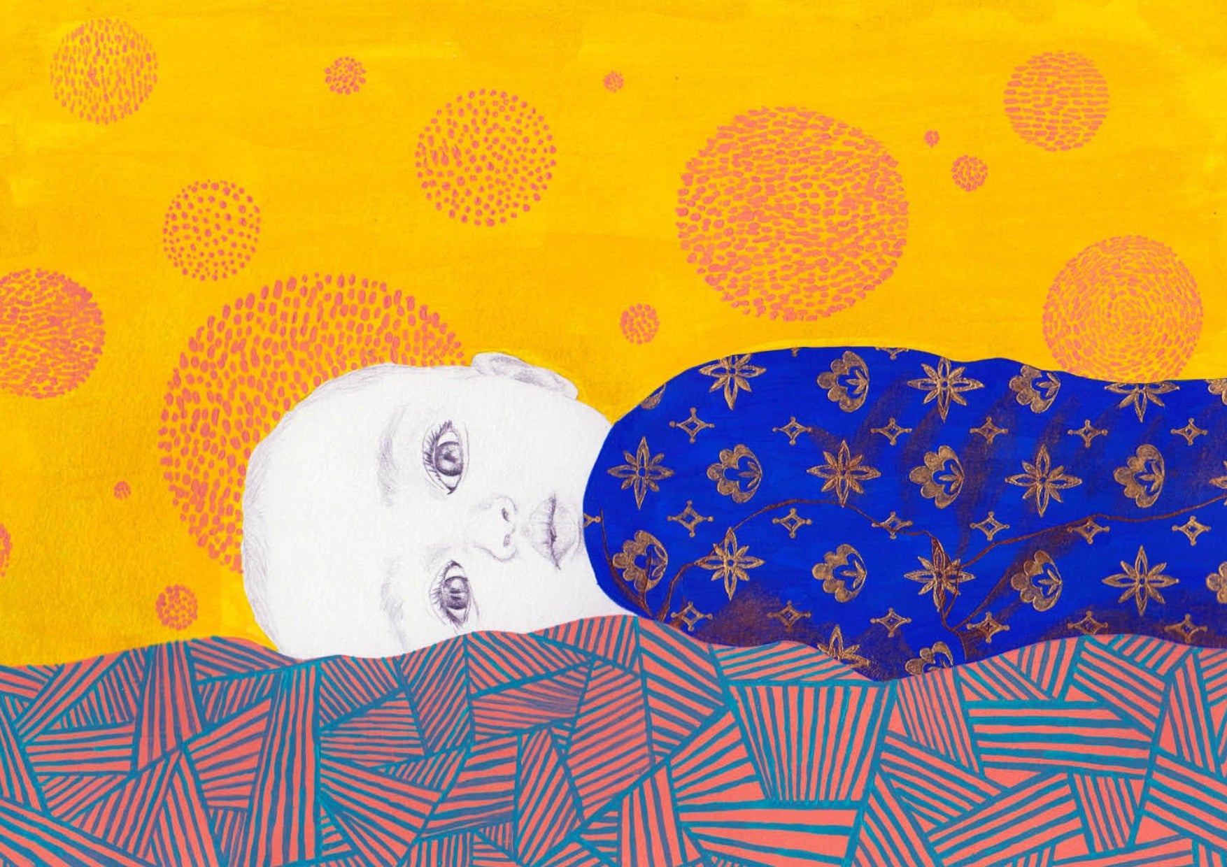 Pencil drawing portrait of a reclining infant. Abstract background, blue patterned fabric, and yellow background with orange circles.